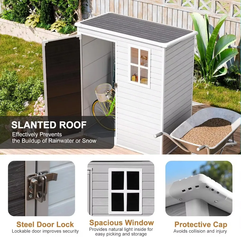 Outdoor Resin Storage Shed with Floor Included 5x3 FT, Waterproof Outside Sheds with Window Lockable Door, Plastic Sheds