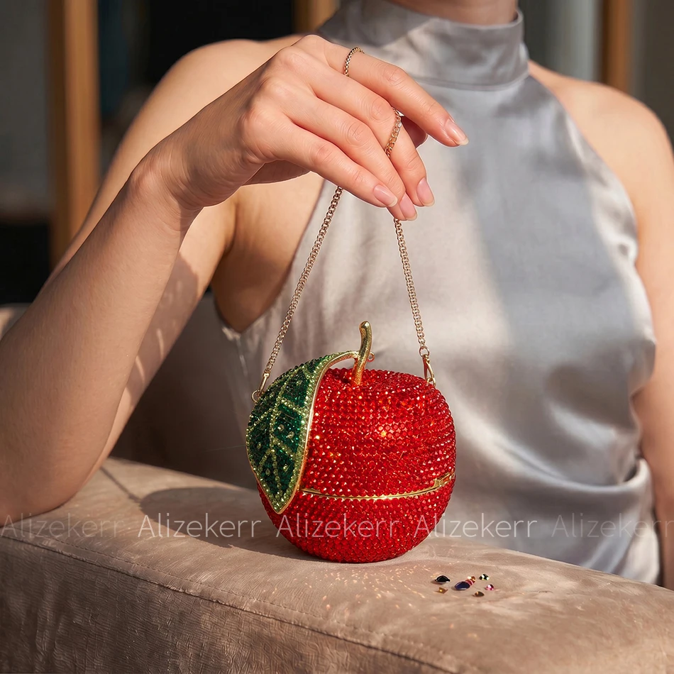 Alizekerr Red Apple Shaped Rhinestone Clutch Bag Women Cute Mini Fruit Shiny Flat Bottom Crystal Evening Purse Wedding Prom