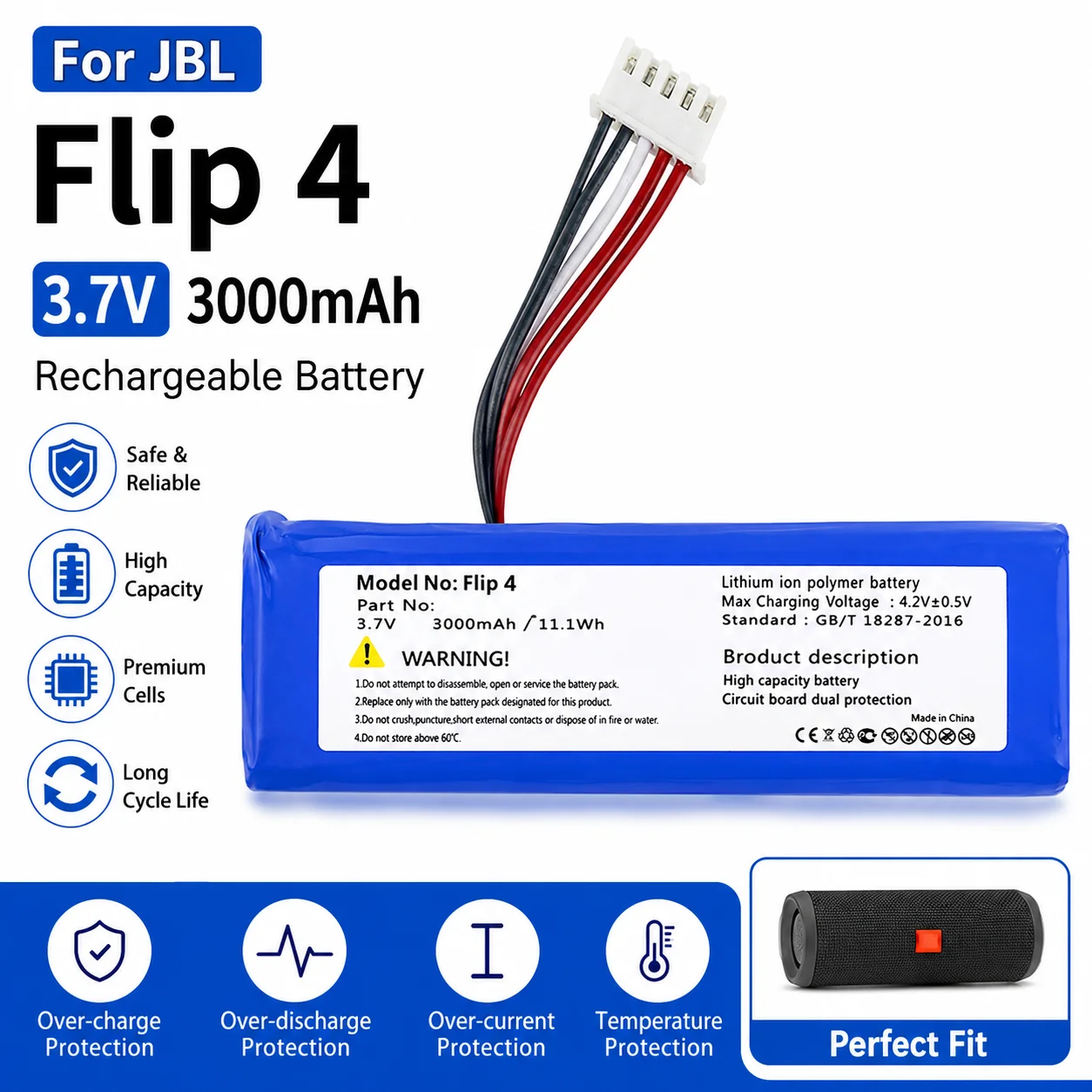 Аккумулятор 3.7В 3000мАч GSP872693 01, замена для Bluetooth-колонки JBL Flip 4 Flip4, перезаряжаемый литий-ионный аккумулятор.
