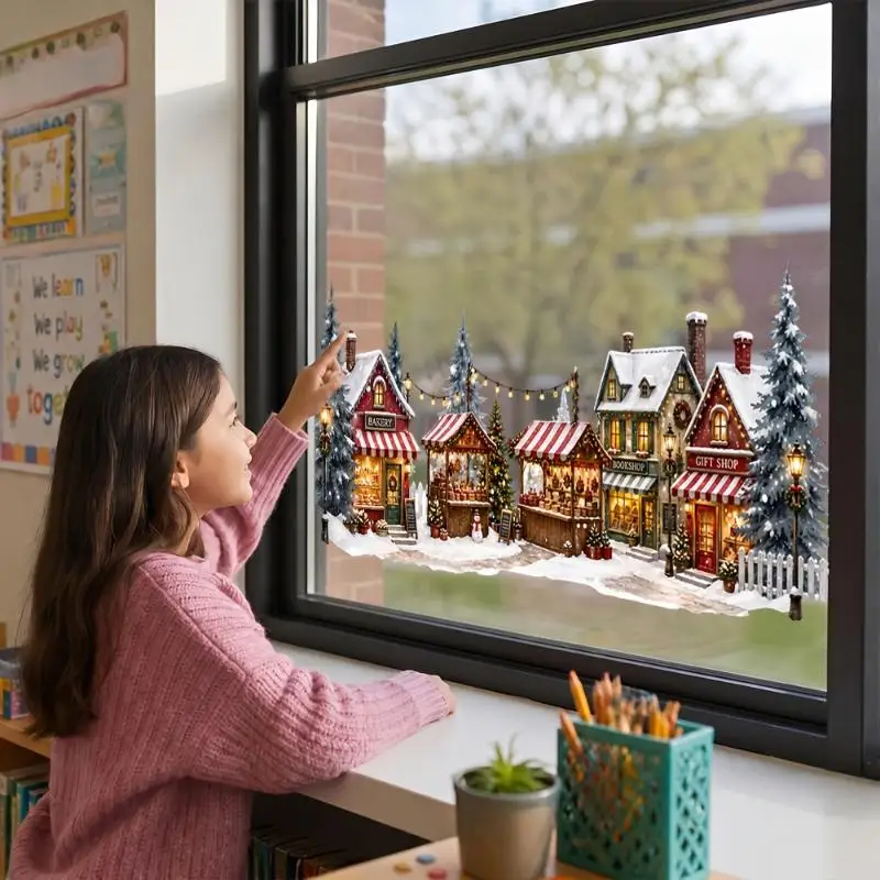 Christmas Window Stickers Watercolor Style Christmas Village 2D Flat Static Cling Vivid Color Decals for Home Xmas Decor