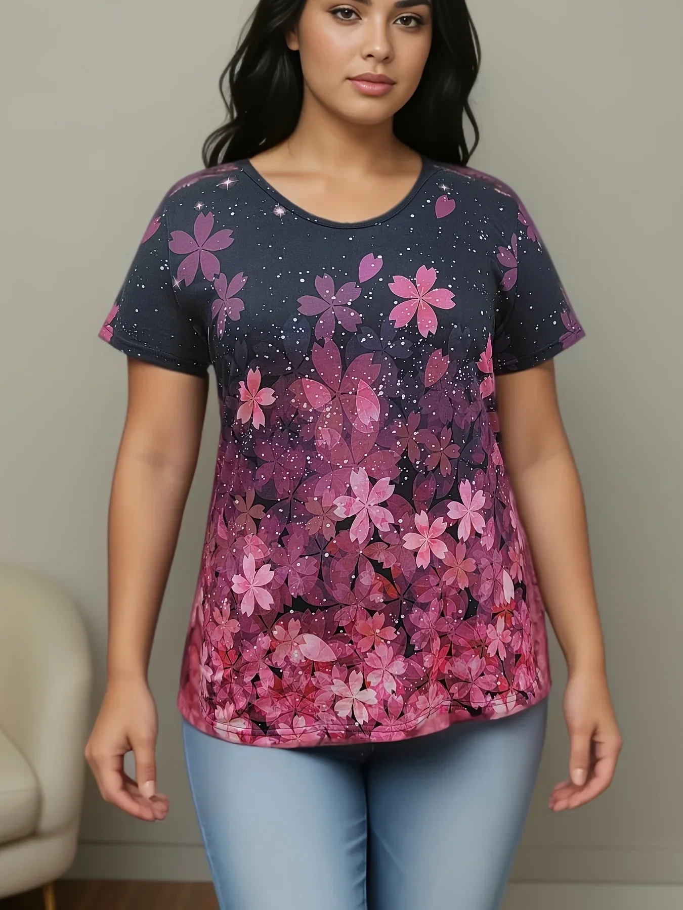 

Women's Plus Size 1XL-8XL FashionShort Sleeve T-shirt Casual Simple Round Neck Flower Print Short Sleeve Loose Commuting Top