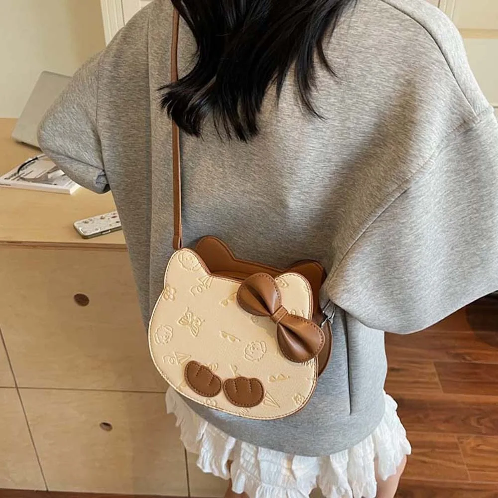 

Phone Bag Cute Cat Head Bag Bow Printed Cartoon Shoulder Pouch Adjustable Straps Lightweight PU Crossbody Bag Gifts