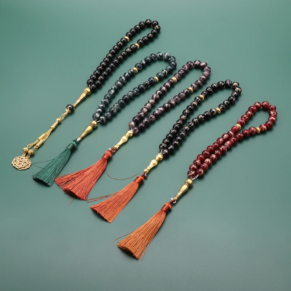 Nouveau tasbih musulman à 33 perles de 10 mm en verre craquelé, perles de prière pour la prière quotidienne, cadeau de fête du Ramadan pour femmes