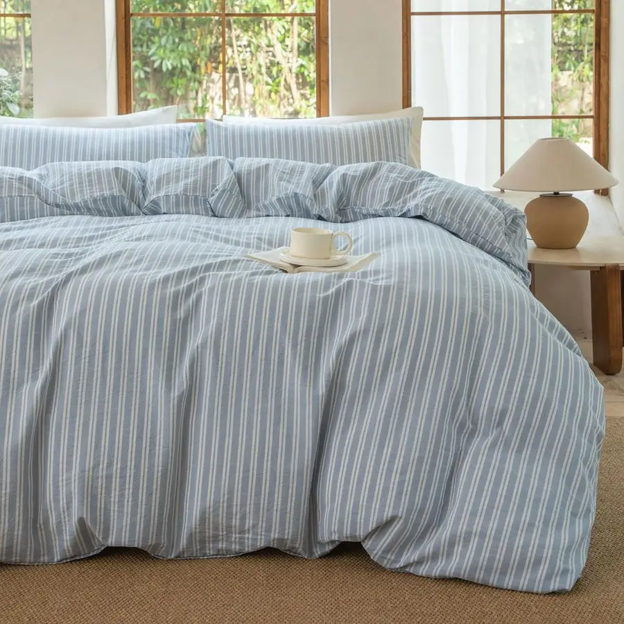 

100 Washed Cotton Linen Like Duvet Cover Set,3 Pcs Striped Duvet Cover with Zipper ClosureStripCornflower Blue White,Queen