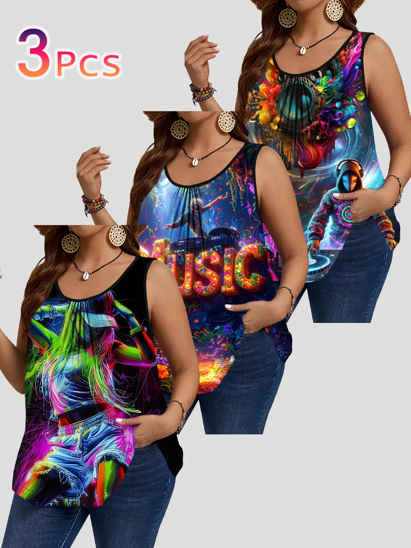 3-Piece Set of Large Size Neon Music Print Sleeveless Vests, Dj Fluorescent Party Style Loose Outerwear Tops