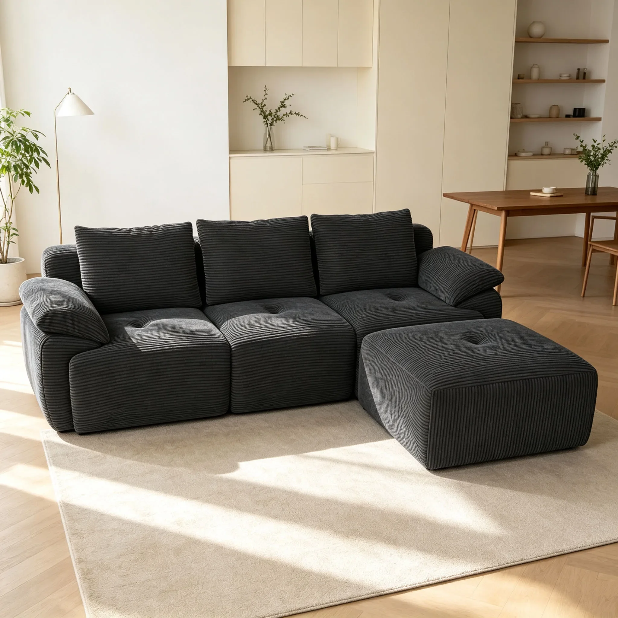Superaly, freistehendes, modulares Sofa aus Stoff, dunkelgraues Sofa mit vertikalen Streifen aus Cord, großes Sofa mit tiefem Sitz, abnehmbares Sofa für Wohnzimmer, Villa und Apartment.
