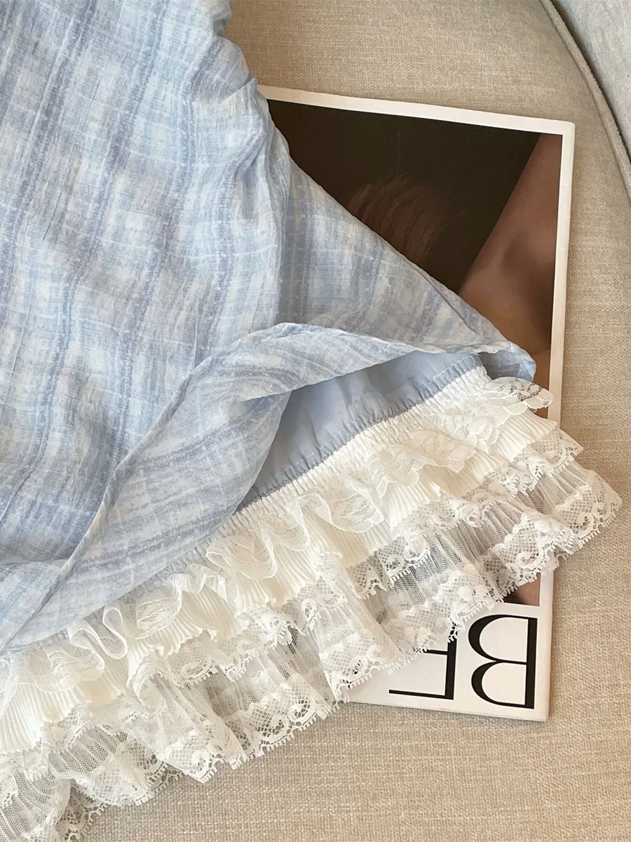 Blauw Kant Splice Geplooide Svel irt Dames Zomer Nieuwe Sle Super Witte Polka Dot Chiffon Top Faionable En Ele