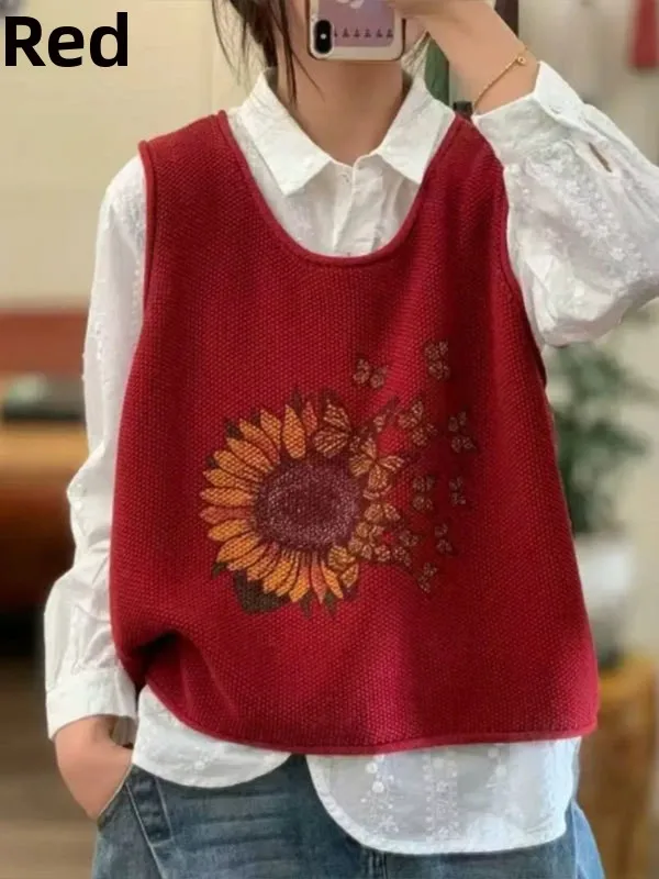 Spring 2026 New Style Women's Knitted Cotton Thread Sunflower round Neck Vest Lazy Vintage All-Match Sweater Printed Outerwear