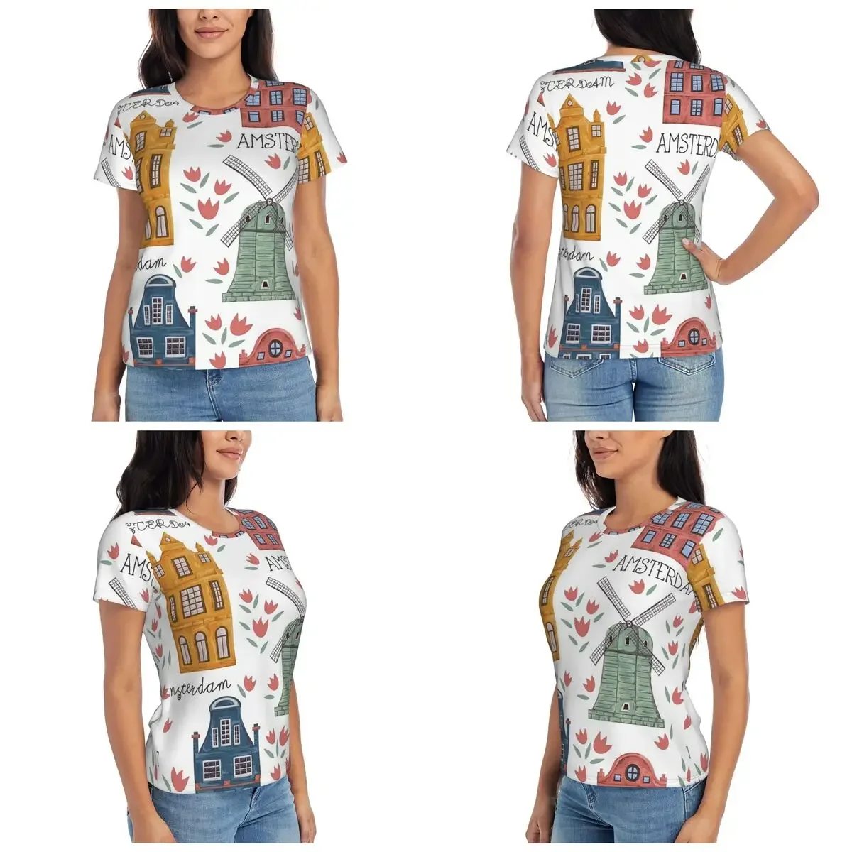 SeamlessPattern With Old Historic BuildingsT-Shirt Women Short Sleeve T Shirts Round Neck Clothing Cotton Summer Tees Streetwear