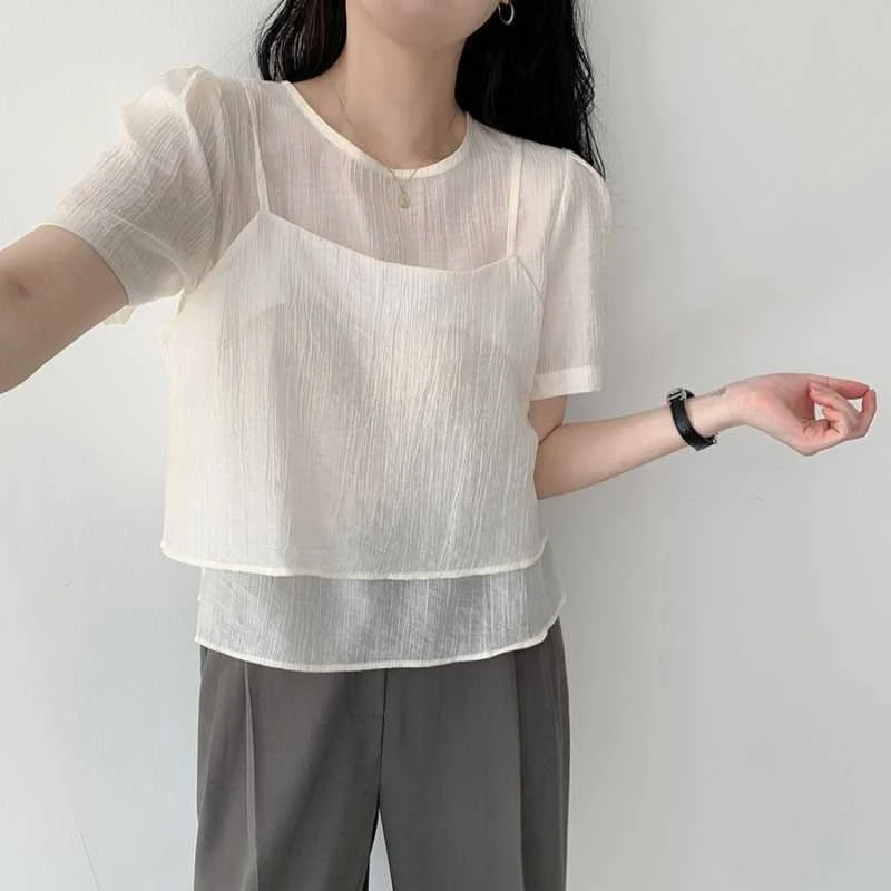 

Korean Chic Round Neck Bubble Sve Chiffon Blouse Women's Fashion Casual Layering Design Two-Piece Set Ort Top Gentle Snowfall