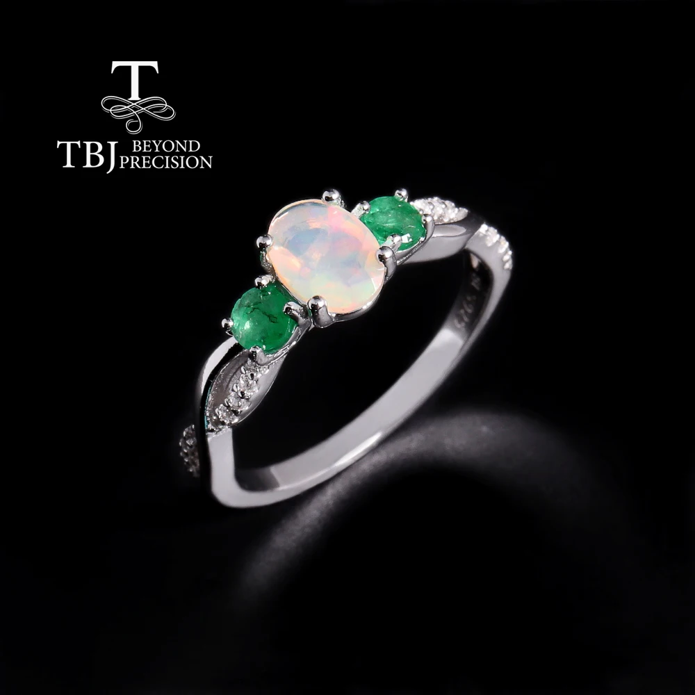 

Благородная элегантность, октябрь и мая, камень рождения, натуральный опал с зеленым изумрудом, кольцо, ювелирные изделия из серебра 925 пробы с драгоценными камнями для женщин