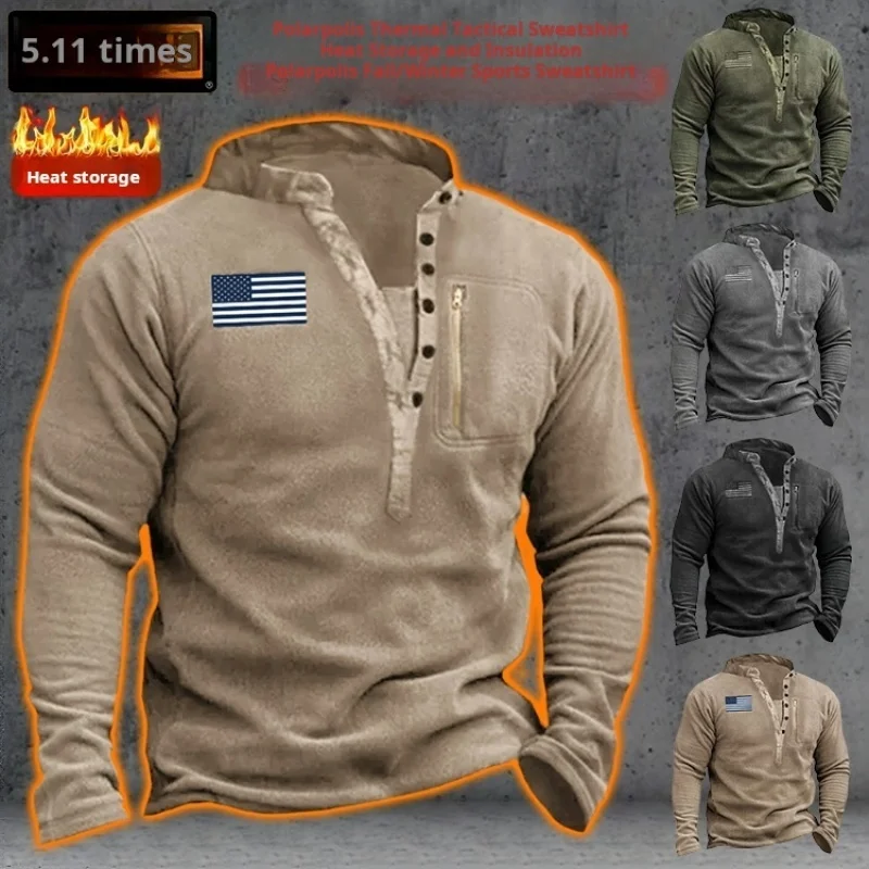 

Men's Tactical Warm Fleece Sweatshirt Long Sleeve Pullover Staple Button VNeck Training Sweatshirt