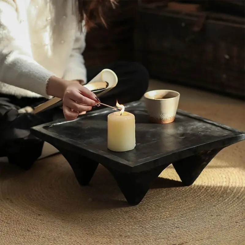 Retro Style Small Black Tea Table Creative Light Luxury Home Decoration Wooden Table Wabi-Sabi Style Xyloid Small Square Table