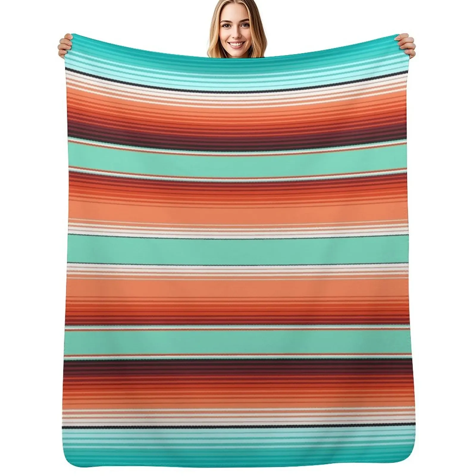 

Teal Turquoise and Burnt Orange Southwest Serape Blanket Stripes Throw Blanket Vintage Furry Picnic Blanket