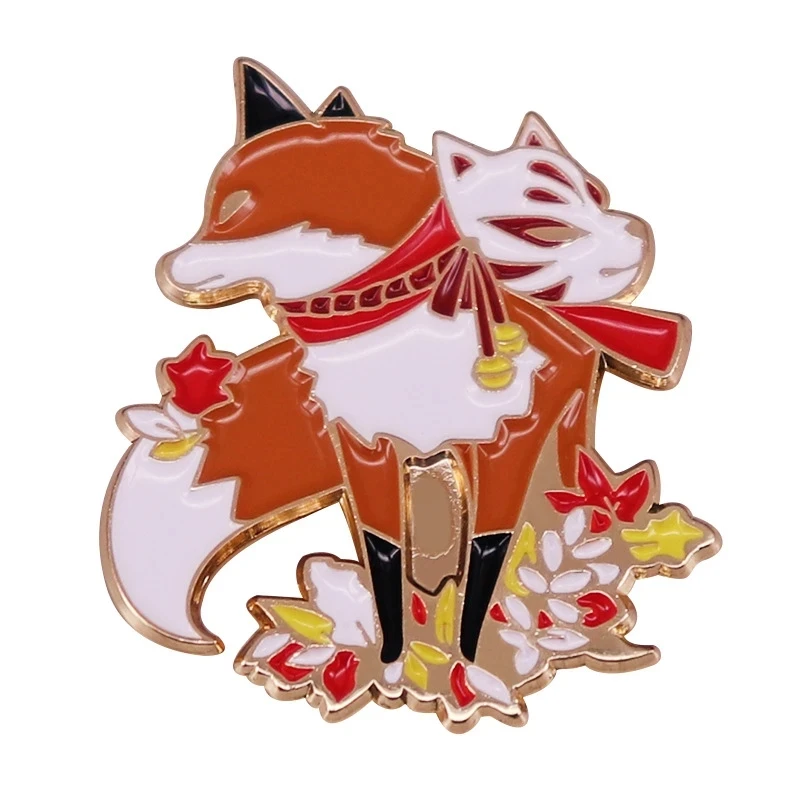 Japan Shrine Kitsune Fox Brooch Pins Enamel Metal Badges Lapel Pin Brooches Jackets Jeans Fashion Jewelry Accessories