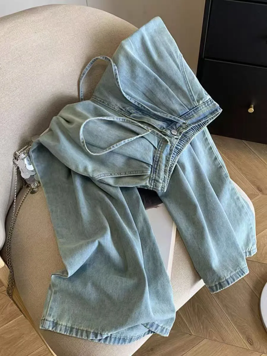 Oversized Thin Loose High Waist Denim Pants Women Spring Summer Solid Color Lace Up Wide Leg Jeans New Casual Versatile Trousers