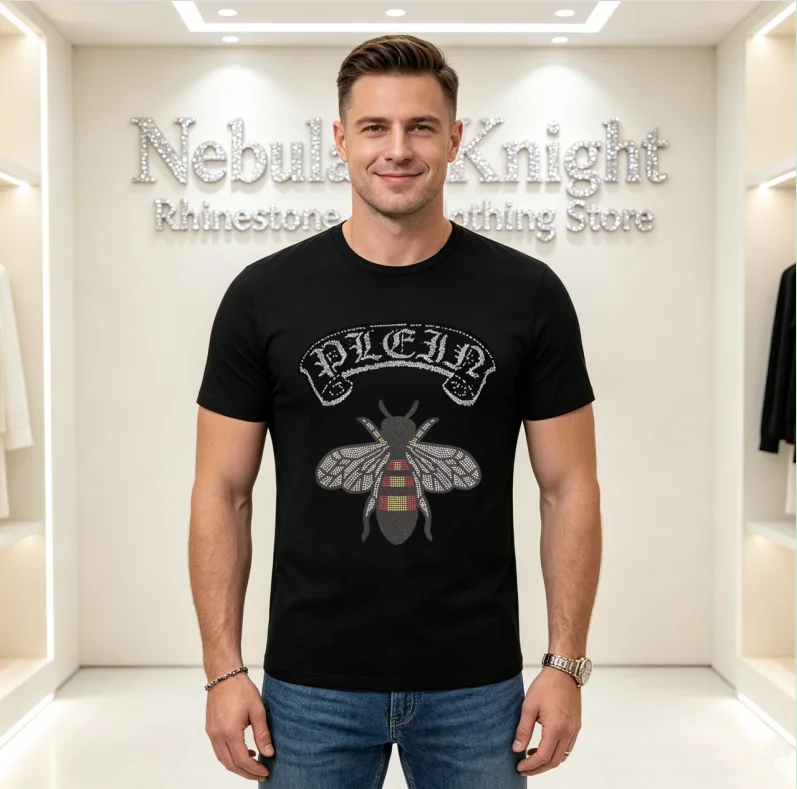 Men Cotton O Neck T Shirt Luxury Crystal Rhinestone Short Sleeve Soft Comfort Summer Casual Streetwear Bling Tee Tops