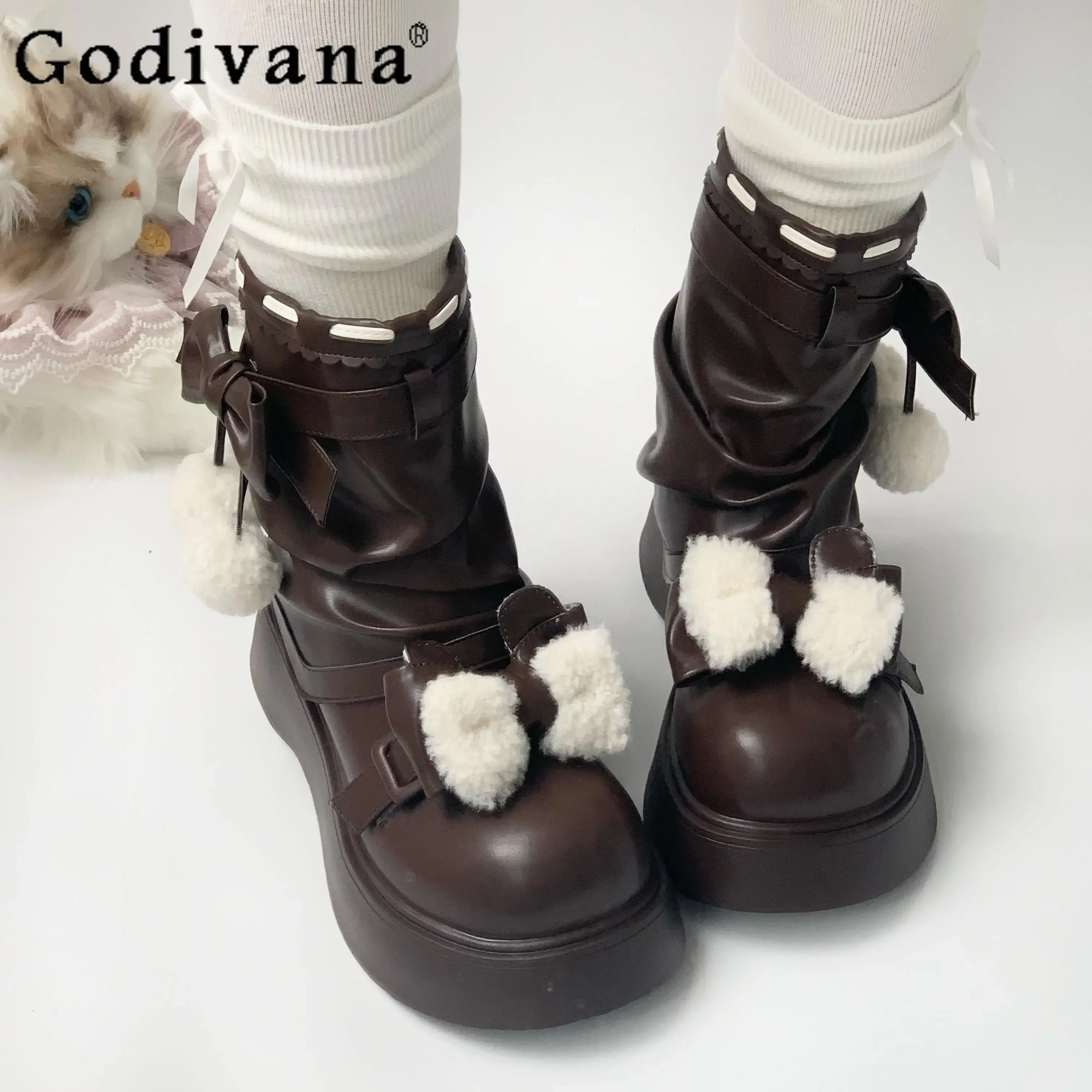 

Lolita Snow Boots Thick-soled Cute Winter Cotton Shoes Women's Round Head Casual Bow Brown Long Boot