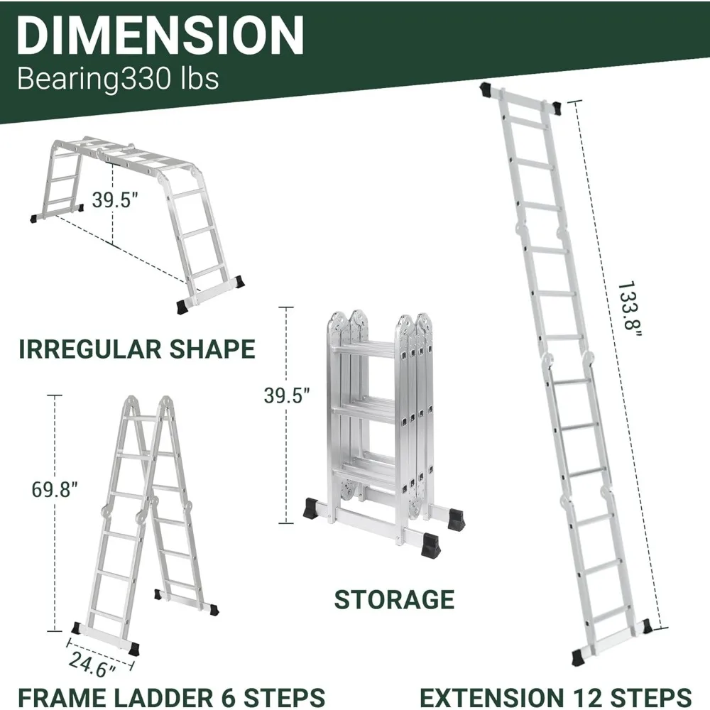 Escalera de extensión multiusos de aluminio 7 en 1: capacidad de 330 libras, escalera de andamio plegable de 12,5 pies para el hogar y la taller