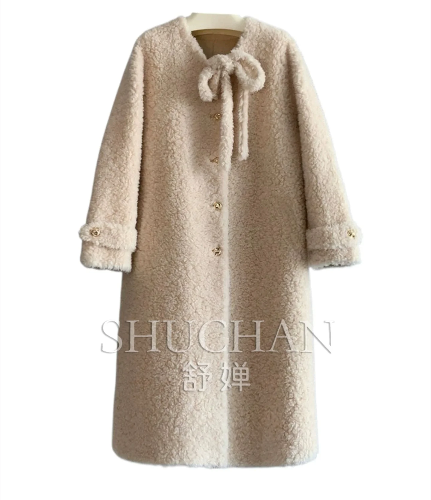 2026 winter Bow lace-up pure wool single-breasted long sheep shearing fur integrated fur coat autumn and winter new women