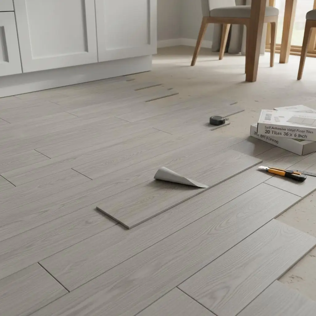 

Peel and Stick Vinyl Planks 36 x 6 inch For Kitchen Dining Room Bedrooms, Light Gray Wood Grain DIY Floor Covering 20 Tiles 0