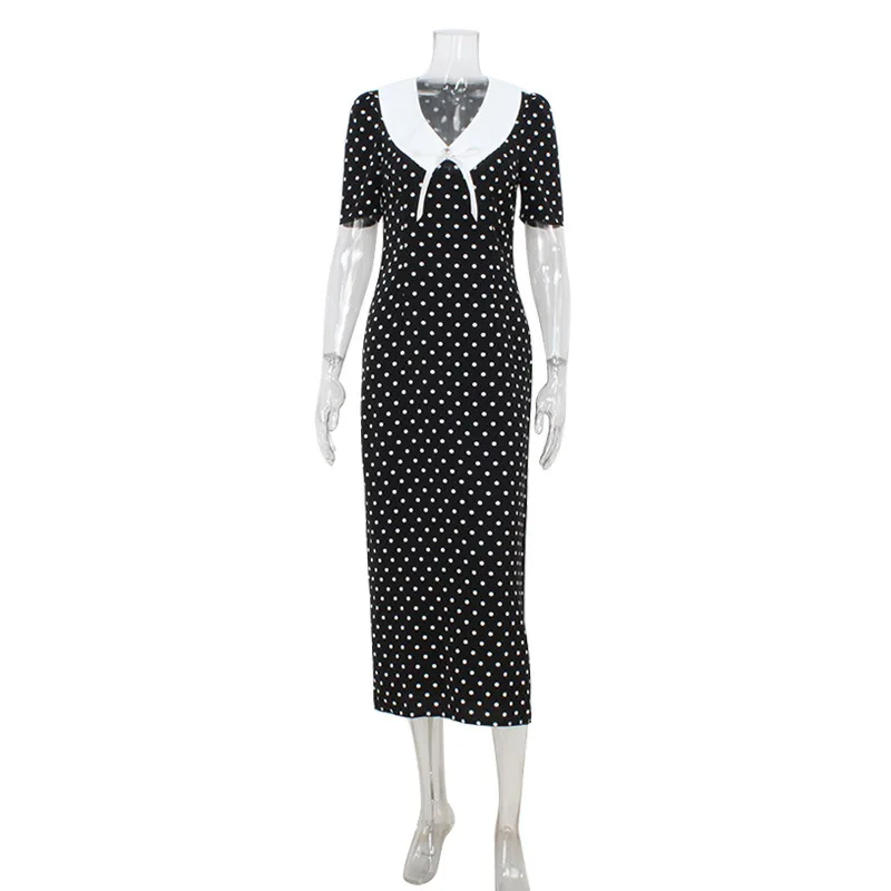 Robe mi-longue moulante pour femmes, Style français, couleur Patchwork, imprimé à pois, élégante, rétro, col Peter Pan, manches courtes, fendue