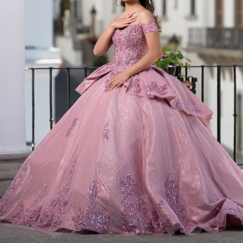

Pink Shiny Quinceanera Dresses Ball Gown Off The Shoulder Sequin Applique Lace Beading Crystal Tull Corset Party Sweet 16 Dress