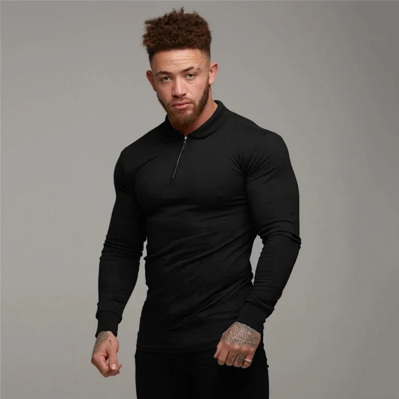 Polo Shirt Solid color Long Sleeve Casual Men Fashion Slim Fit Fitness Bodybuilding Men\'s Polo Shirt Autumn Cotton polosshirt