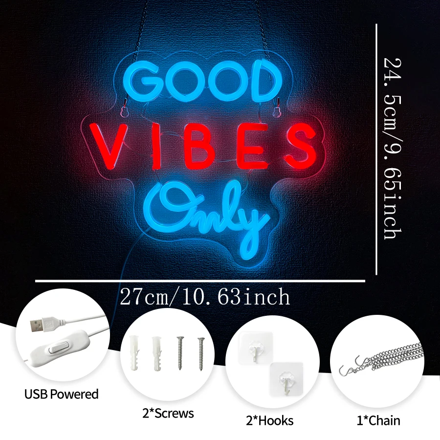 Good Vibes Only Neon Sign,Good Vibes Neon Signs for Wall Decor,USB Powered Light Up signs for Bedroom Game Room Bar Club Party view 4