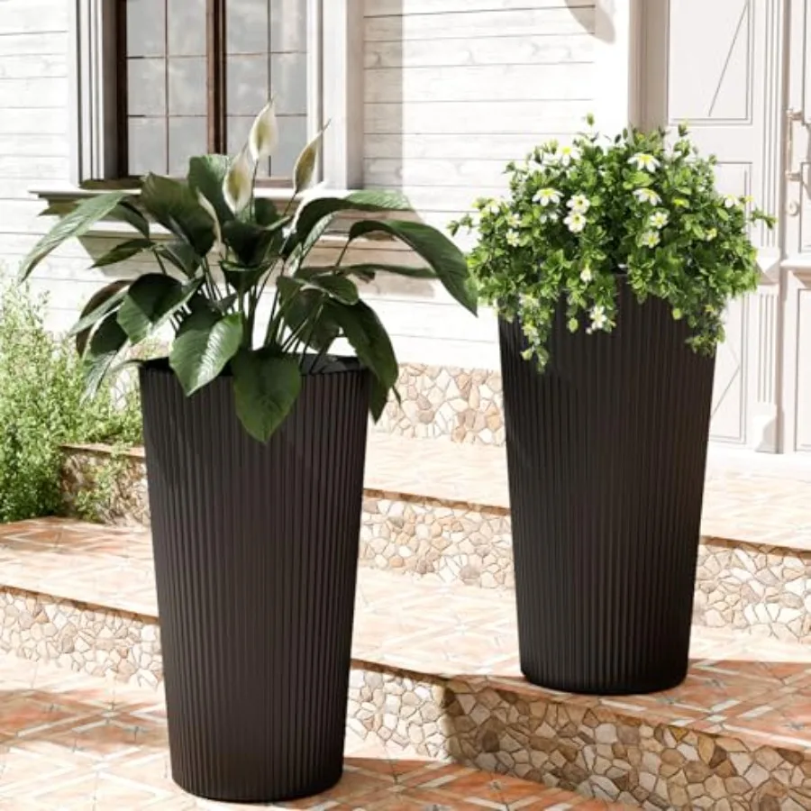 

23.6 Black Outdoor Planter Set of 2 Tall Plastic Striped Planters with Drainage Hole for Outdoor Plants Large Flower Pots for I