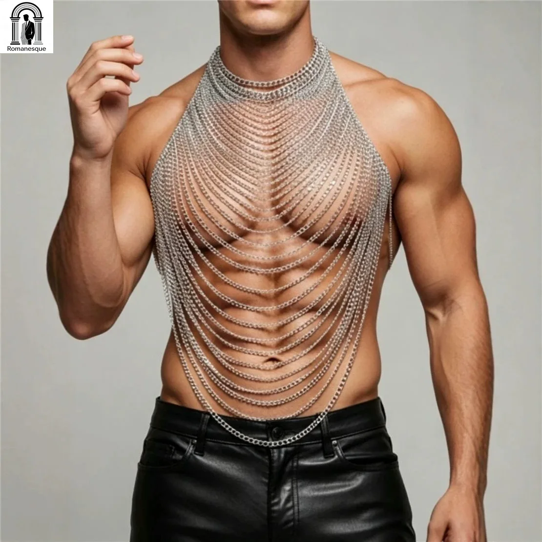 Unisex Gothic Silver Metal Chainmail Style Halter Neck Body Chain Top for Nightclub Streetwear Performance  Multi-layer Chain