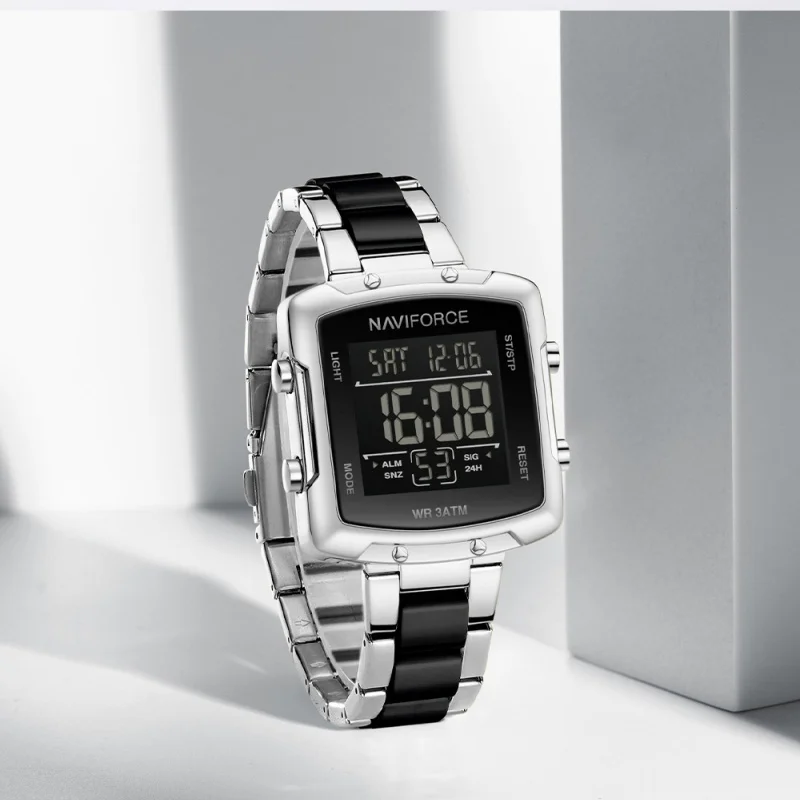 

NAVIFORCE женские часы со светящимся дисплеем из нержавеющей стали + пластиковый ремешок подарок модные простые квадратные цифровые часы 3ATM водонепроницаемые