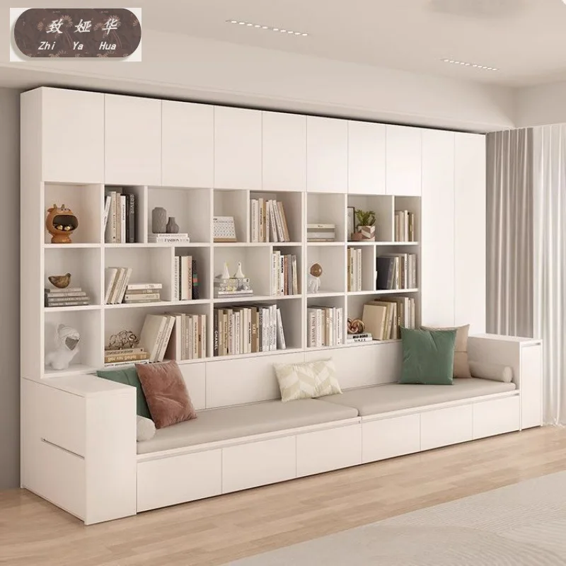 l household desk with card seat, bookshelf background, locker, sofa bookcase integrated living room full wall combination
