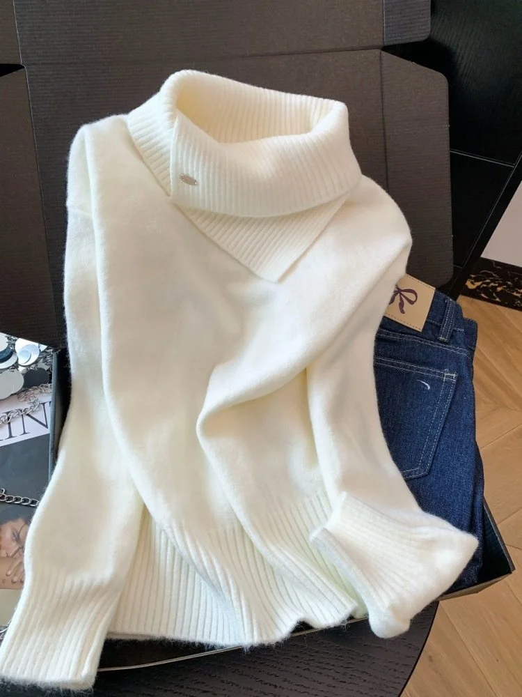 

Korean Sle Asymmetric Long Sve Knitted Sweater Women's Winter New Aosphere Beautiful Knitwear Commute Soft Polyester