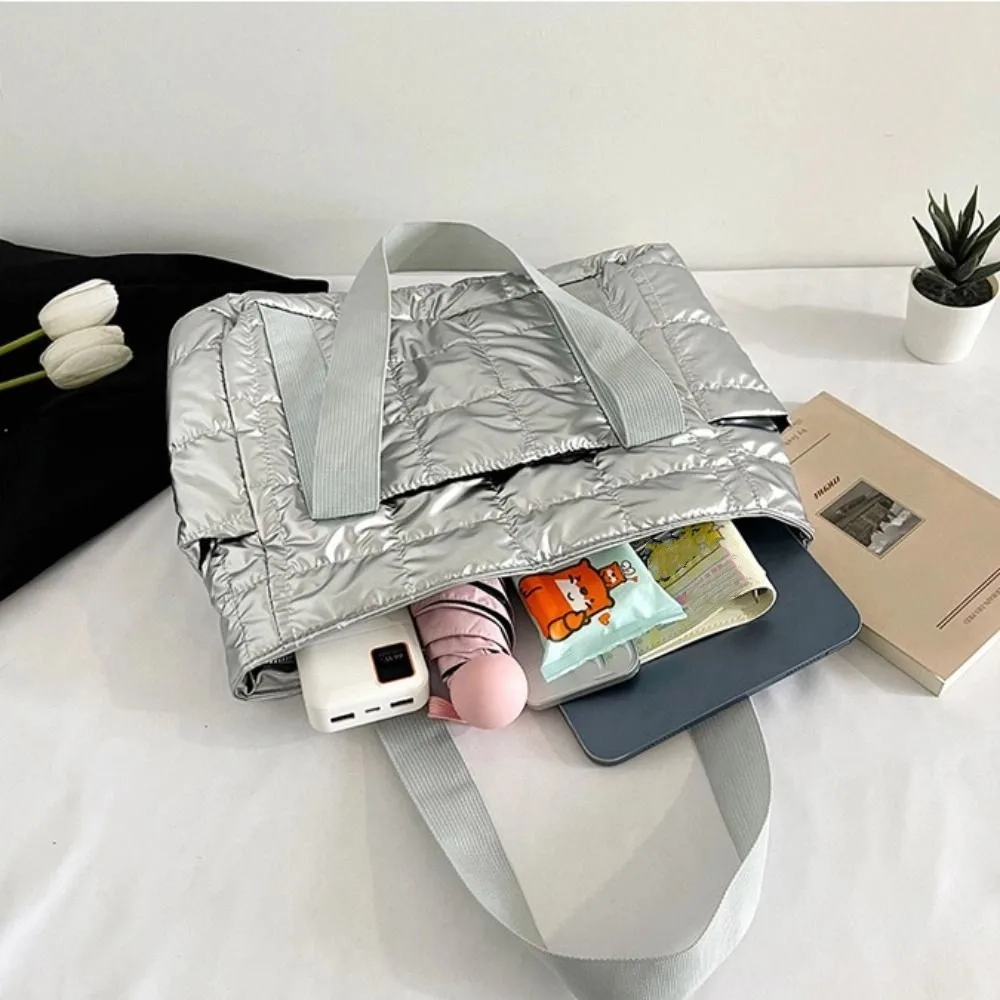 Torba na ramię w stylu koreańskim z bawełny puchowej, duża torba typu tote z bawełnianym wypełnieniem w kratkę, lekka torba z nylonu z bawełny kosmicznej.