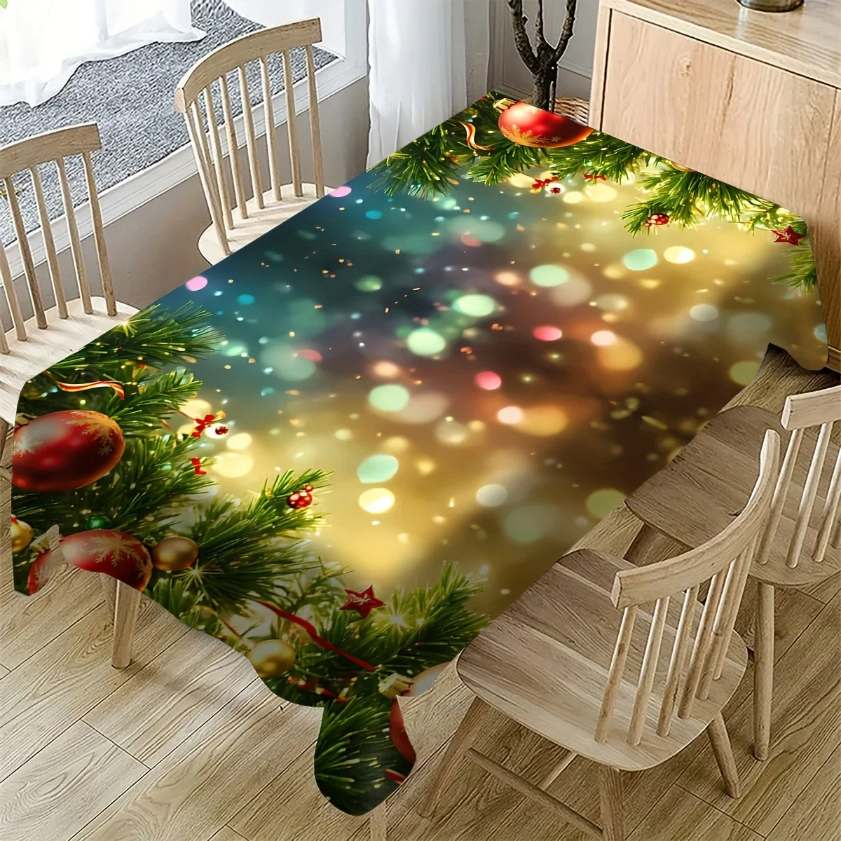 Washable Polyester Enchanting Holiday Tablecloth , Festive Christmas Design with Snowflakes, LightsBranches - Ideal for Picnics