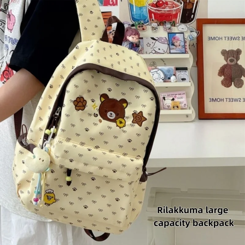Cute Rilakkuma Polka Dot Backpack for Girls, New Large Capacity School Bag for Primary & Middle School Students