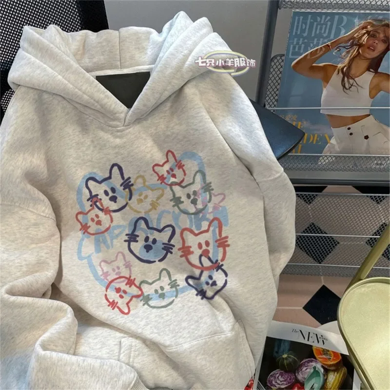 Sudadera con capucha blanca de estilo perezoso coreano para mujer, Linda y divertida sudadera con estampado de gato de dibujos animados para