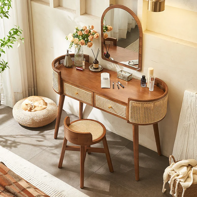 

Hotel Home Furniture Modern Square Woven Natural Rattan Bedroom Table And Chair Sets Dressing Table With Mirror