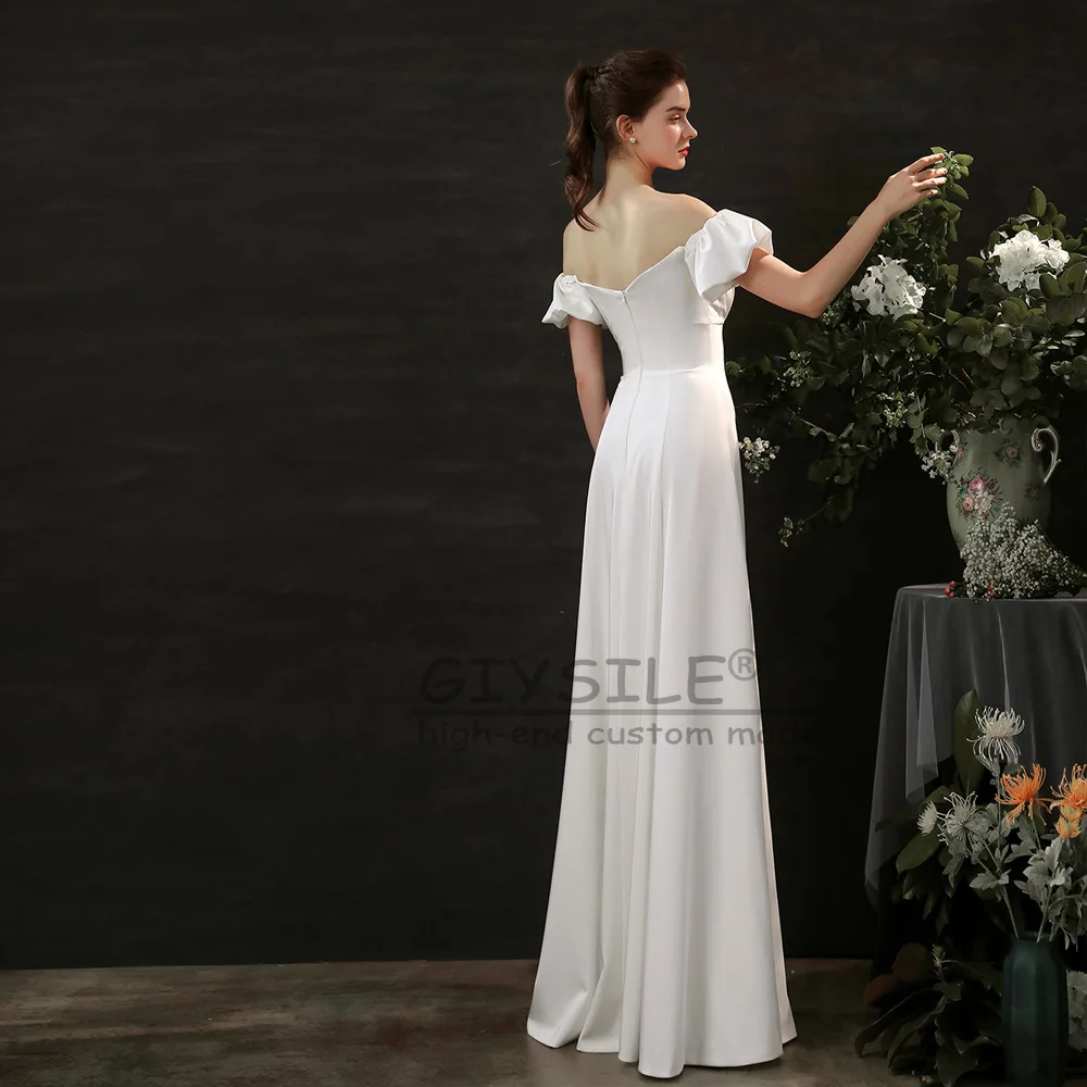 GIYSILE فساتين زفاف خفيفة بسيطة على الطراز الفرنسي مخصصة للعروس بكتف واحد وأكمام فقاعية من الساتان على شكل حرف A فستان أبيض