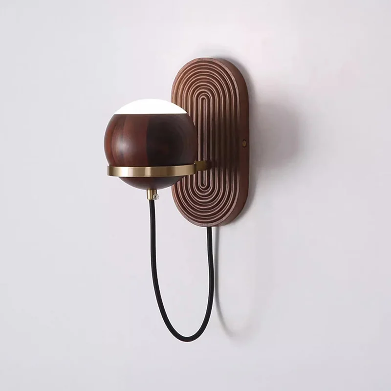 Wabi-sabi-Modern Style Walnut Wood Circular Wall Sconce Luz, minimalista, quarto, cabeceira, estar, sala de jantar