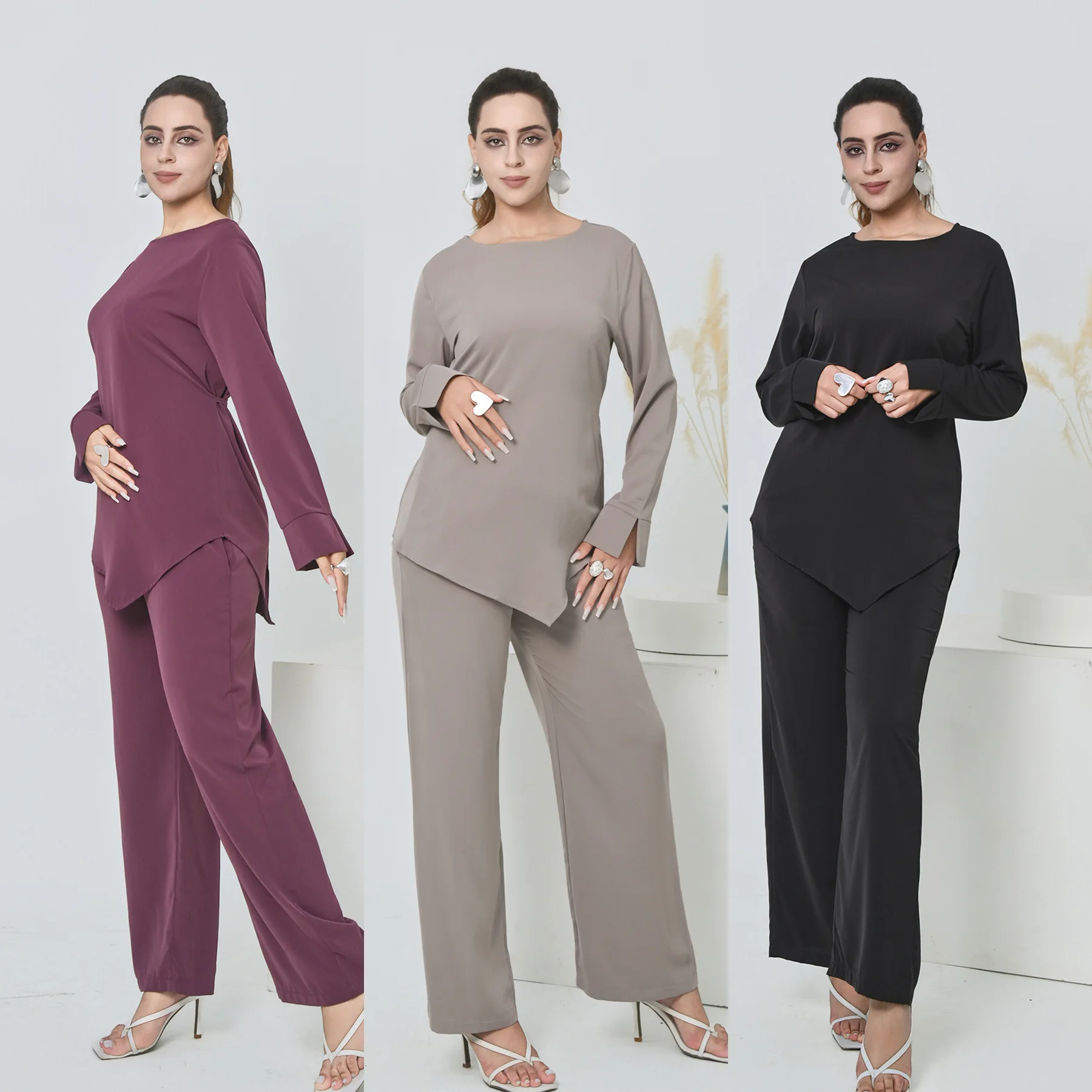 

Мусульманский комплект для женщин на Ид: 2 предмета, рубашка на шнуровке, широкие брюки, блузка, джалабия, наряды для Рамадана, арабский длинный халат 2026