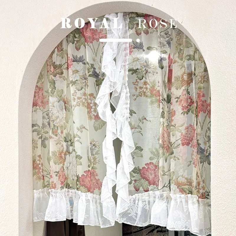 Idyllic Peony Flowers Lace Window Tulle Curtain Living Room Warp Ruffled Rural Gauze Door Curtain for Kitchen Bedroom #A619
