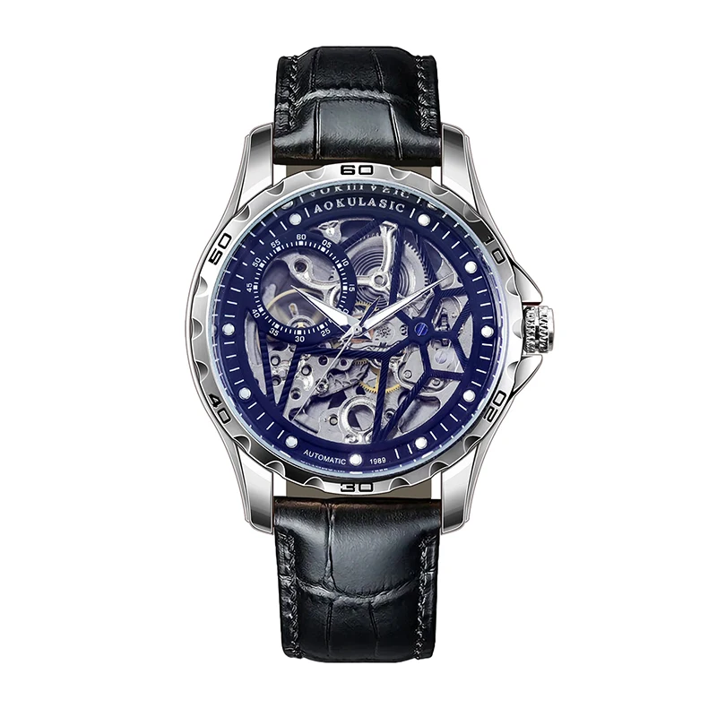 Men's Automatic Mechanical Watch Luminous Alloy Case Full Skeleton Dial 30M Water Resitance Genuine Leather Strap 43MM Large Dia