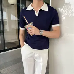 2023 Summer Lapel Breathable Short Sleeve Temperament Men's Clothing Slim Korean Version Solid Color Trend Knitted POLO Shirt