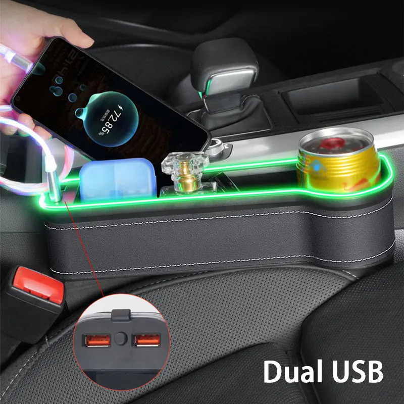 SEAMETAL Car Seat Gap Storage Box with Atmosphere Light Seat Side Organizer Dual USB Charge Port Cup Holder Car Stowing Tidying