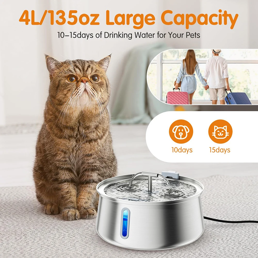 4L Large Capacity Automatic Cat Dog Stainless Steel Pet Drinking Machine Ultra-Silent Pump Drinking Fountain Water Pets Bowl