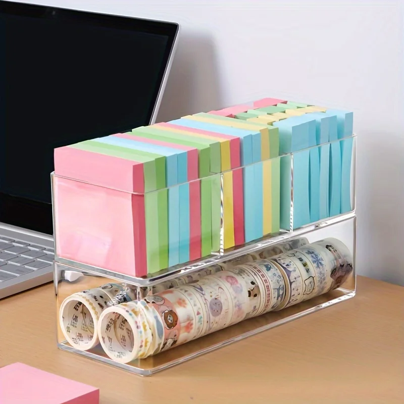 1pc Sticky Note Stationery Storage Box Clear Acrylic Sundries Office Note Divided Multi-grid Shelf