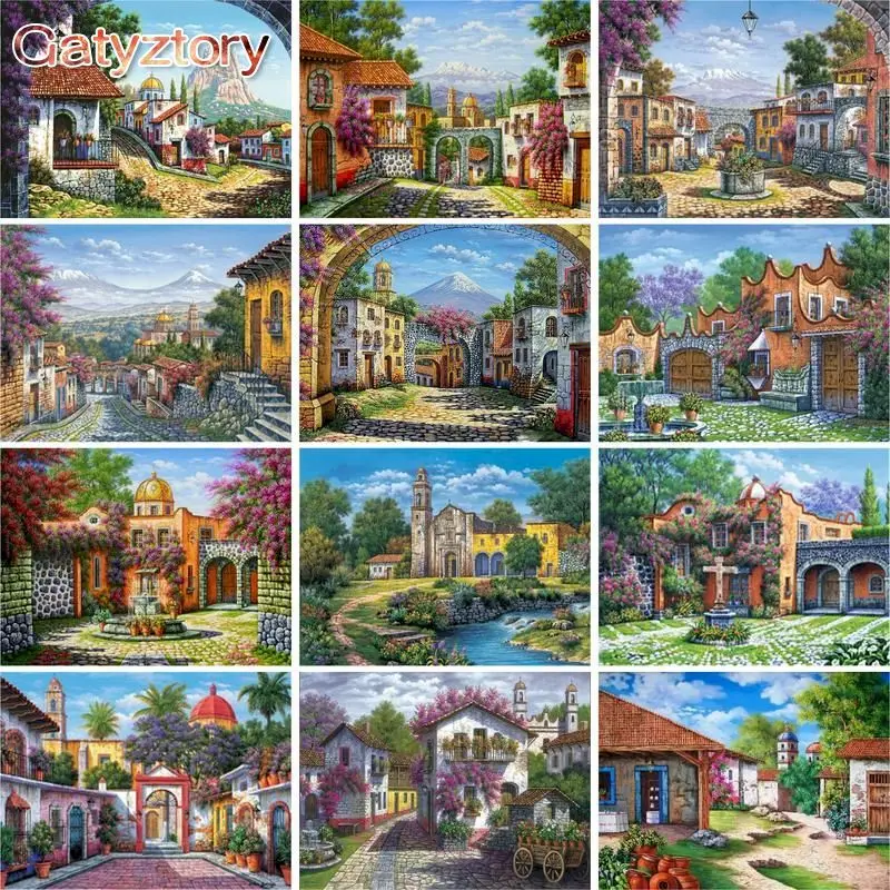 

GATYZTORY 60x75cm Paint By Numbers Village Scenery DIY Oil Painting By Numbers On Canvas Frameless Number Painting Home Decor