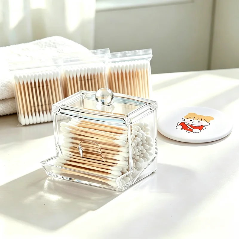 Cotton Swab Storage Box Set With 300pcs Bamboo Cotton Swabs And Cartoon Mirror, Clear Acrylic Q-Tip Holder For Bathroom Vanity